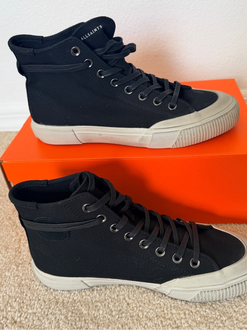AllSaints Dumont High Top Sneakers Mens 8 Canvas Shoe Black Distressed Off White